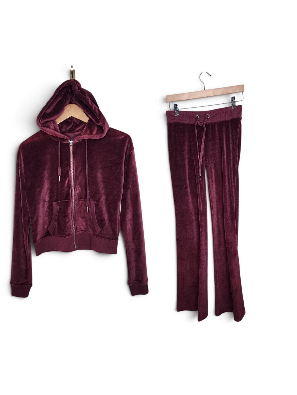 Aeropostale Y2K Style Velour Hoodie Jacket and Flared Pants Set in Maroon Size S